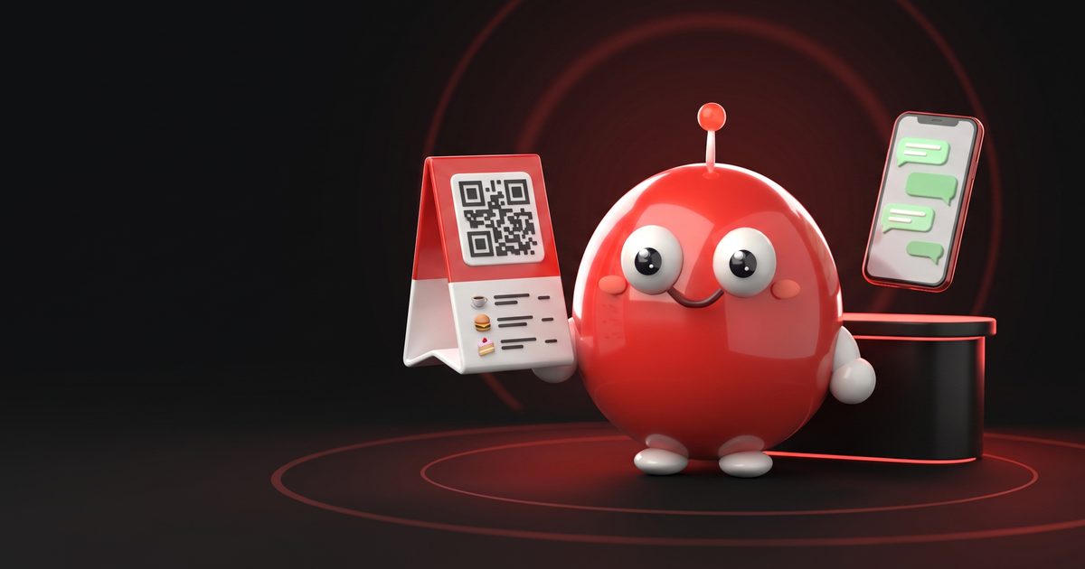 شخصية دقة خلف كاونتر كافيه تحمل بطاقة QR بجانب منيو رقمي